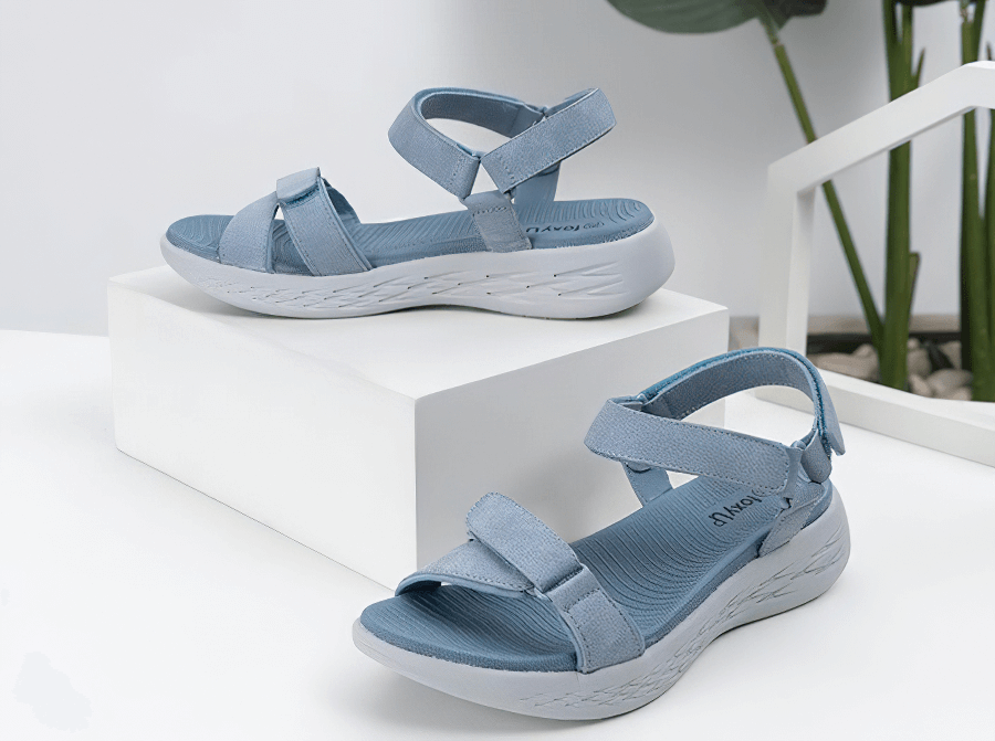 Blue soft sole wedge open sandals for women, featuring breathable mesh and hook & loop closure. Perfect sports female shoes for activity.